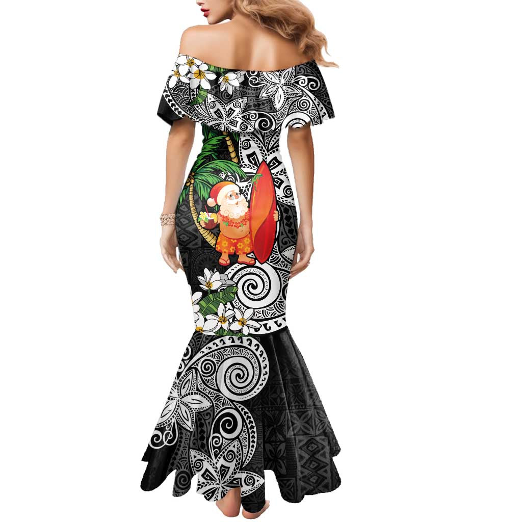 Polynesian Family Matching Mermaid Dress and Hawaiian Shirt Tropical Santa - Plumeria Black Vintage LT7 - Polynesian Pride