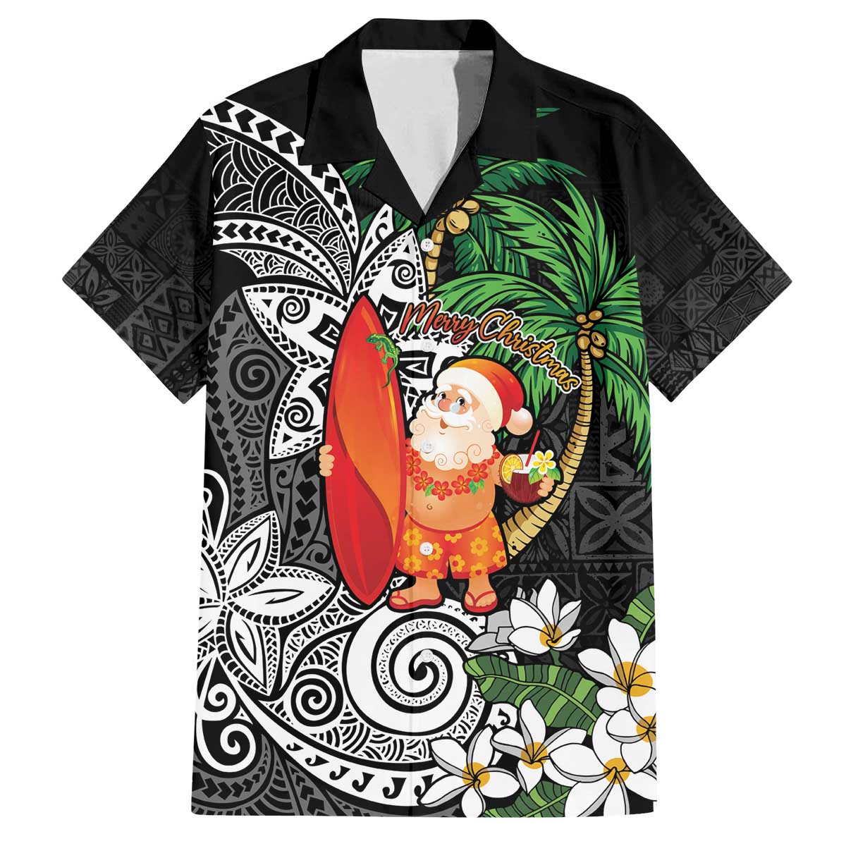 Polynesian Family Matching Off The Shoulder Long Sleeve Dress and Hawaiian Shirt Tropical Santa - Plumeria Black Vintage LT7 Dad's Shirt - Short Sleeve Black - Polynesian Pride