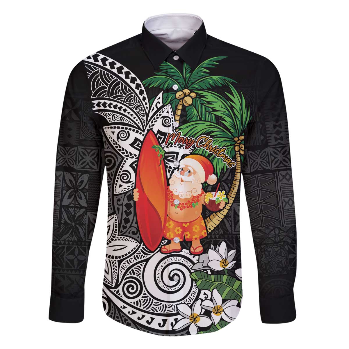 Polynesian Family Matching Off The Shoulder Long Sleeve Dress and Hawaiian Shirt Tropical Santa - Plumeria Black Vintage LT7 Dad's Shirt - Long Sleeve Black - Polynesian Pride