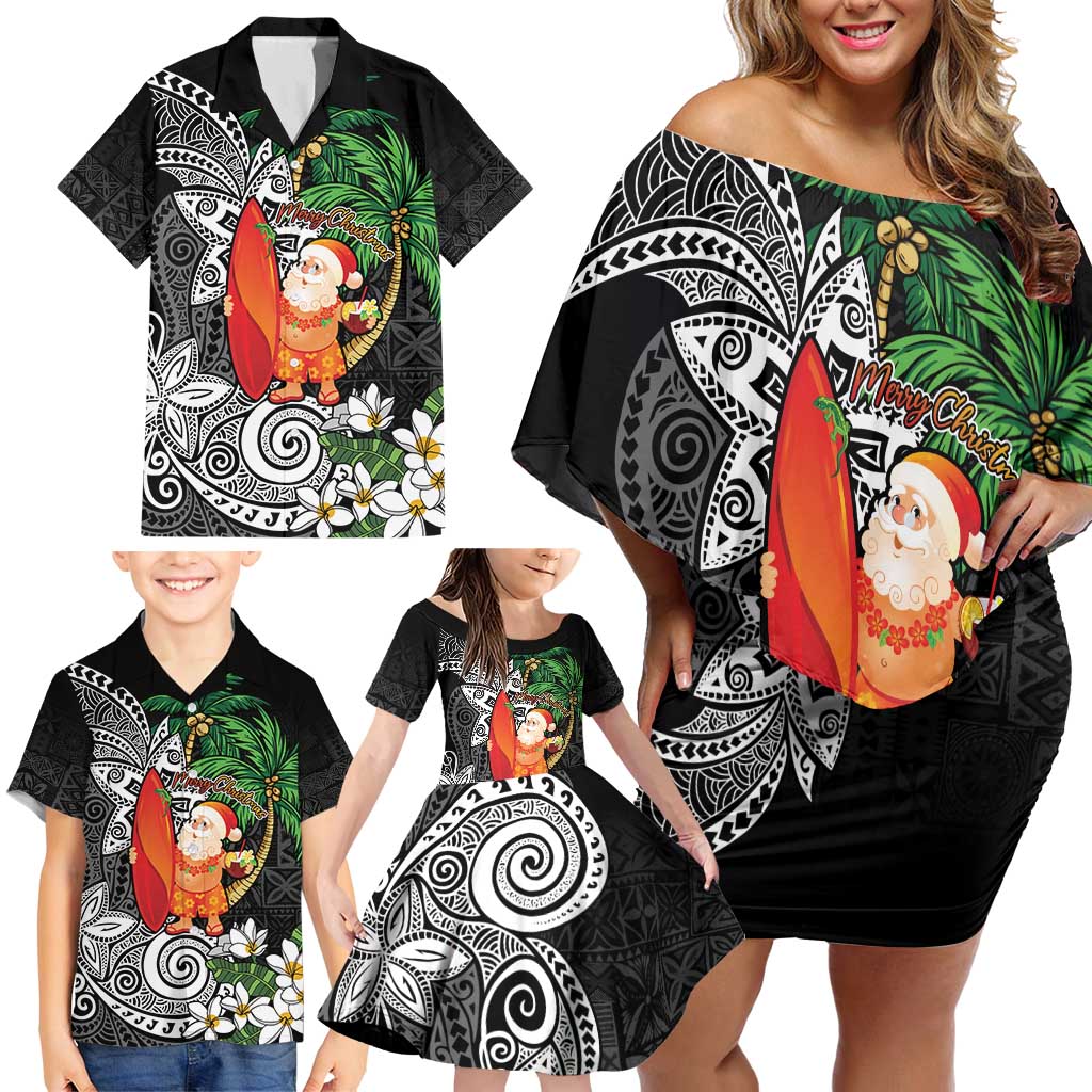 Polynesian Family Matching Off Shoulder Short Dress and Hawaiian Shirt Tropical Santa - Plumeria Black Vintage