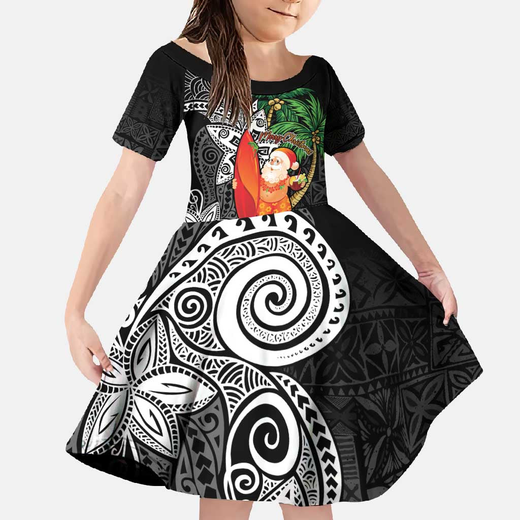 Polynesian Family Matching Short Sleeve Bodycon Dress and Hawaiian Shirt Tropical Santa - Plumeria Black Vintage LT7 Daughter's Dress Black - Polynesian Pride