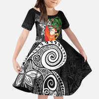 Polynesian Family Matching Short Sleeve Bodycon Dress and Hawaiian Shirt Tropical Santa - Plumeria Black Vintage LT7 Daughter's Dress Black - Polynesian Pride