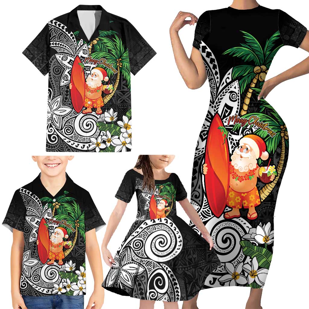 Polynesian Family Matching Short Sleeve Bodycon Dress and Hawaiian Shirt Tropical Santa - Plumeria Black Vintage LT7 - Polynesian Pride