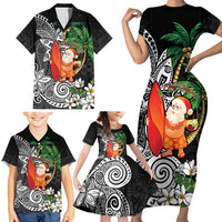 Polynesian Family Matching Short Sleeve Bodycon Dress and Hawaiian Shirt Tropical Santa - Plumeria Black Vintage LT7 - Polynesian Pride