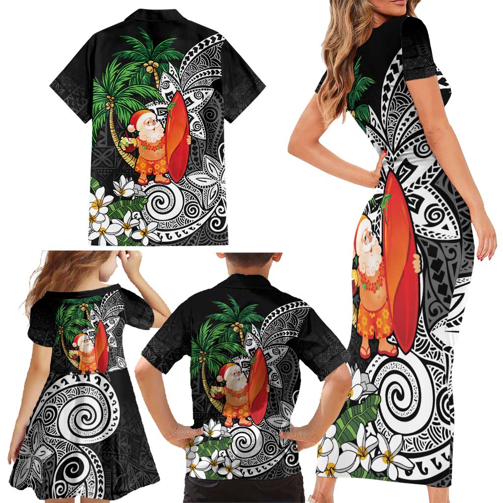 Polynesian Family Matching Short Sleeve Bodycon Dress and Hawaiian Shirt Tropical Santa - Plumeria Black Vintage LT7 - Polynesian Pride
