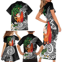 Polynesian Family Matching Short Sleeve Bodycon Dress and Hawaiian Shirt Tropical Santa - Plumeria Black Vintage LT7 - Polynesian Pride