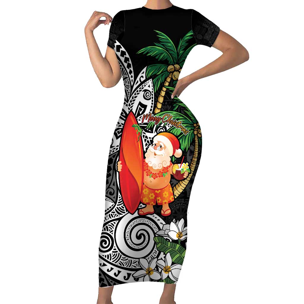 Polynesian Family Matching Short Sleeve Bodycon Dress and Hawaiian Shirt Tropical Santa - Plumeria Black Vintage LT7 Mom's Dress Black - Polynesian Pride