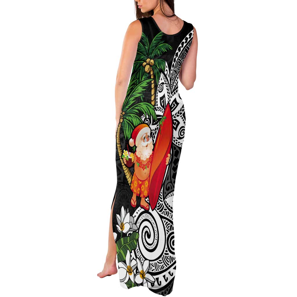 Polynesian Tank Maxi Dress Tropical Santa - Plumeria Black Vintage