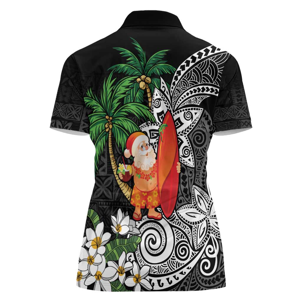 Polynesian Women Polo Shirt Tropical Santa - Plumeria Black Vintage