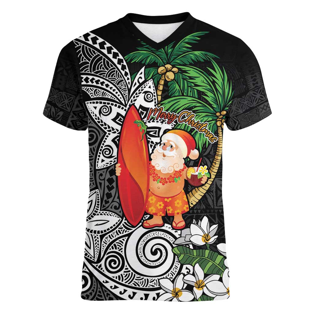 Polynesian Women V-Neck T-Shirt Tropical Santa - Plumeria Black Vintage LT7 Female Black - Polynesian Pride