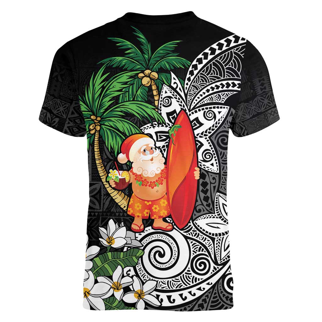 Polynesian Women V-Neck T-Shirt Tropical Santa - Plumeria Black Vintage LT7 - Polynesian Pride