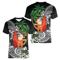 Polynesian Women V-Neck T-Shirt Tropical Santa - Plumeria Black Vintage LT7 - Polynesian Pride
