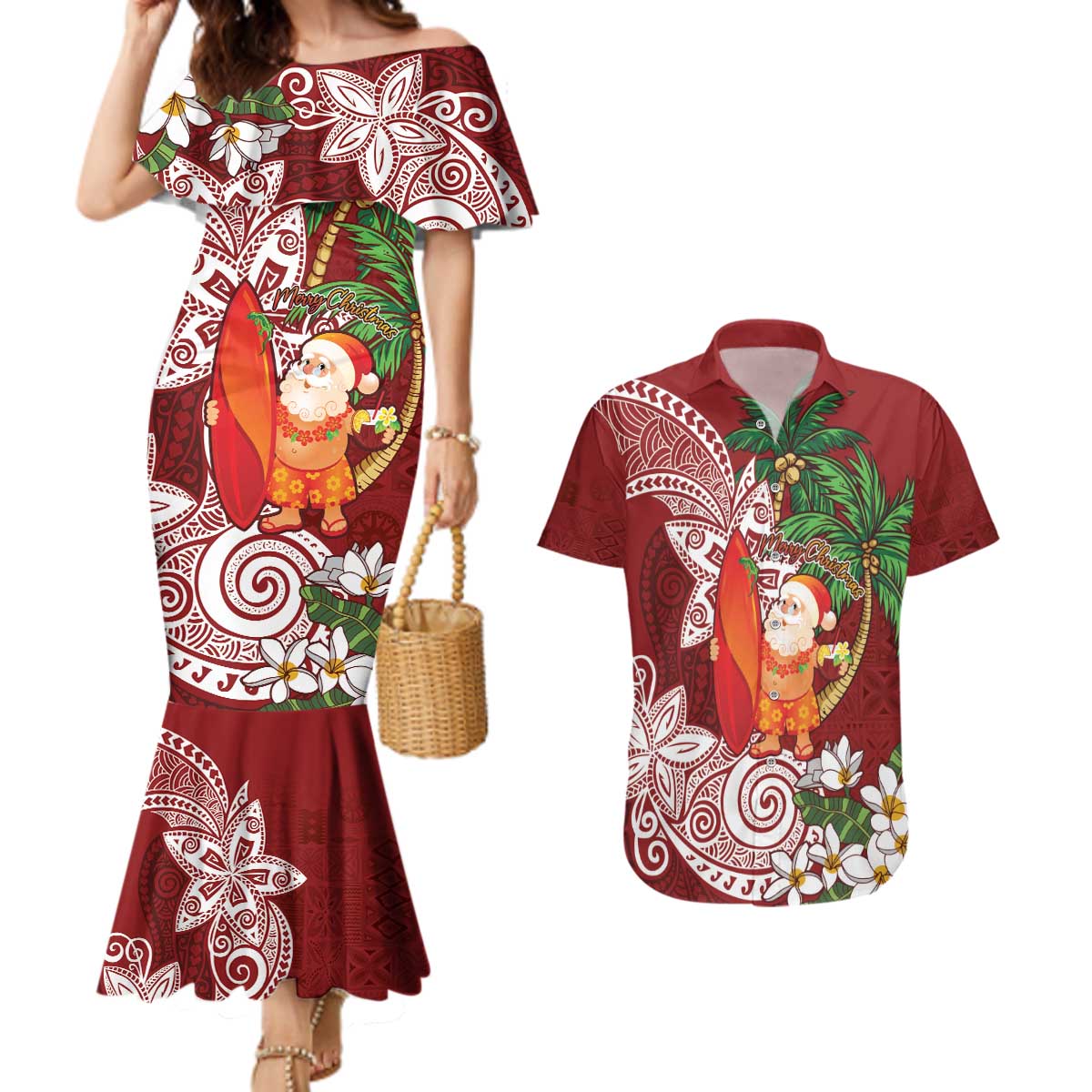 Polynesian Couples Matching Mermaid Dress and Hawaiian Shirt Tropical Santa - Plumeria Red Vintage