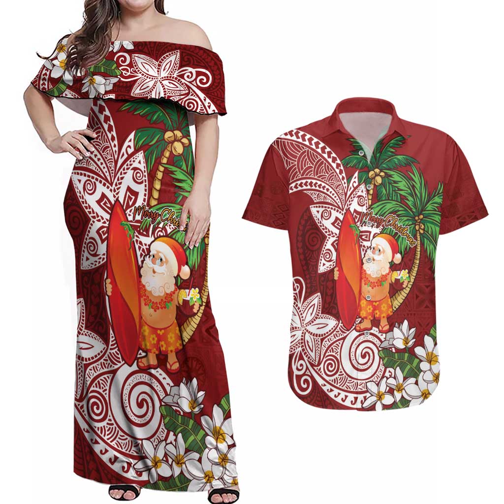 Polynesian Couples Matching Off Shoulder Maxi Dress and Hawaiian Shirt Tropical Santa - Plumeria Red Vintage