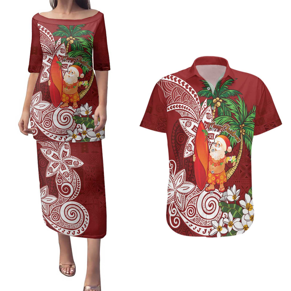 Polynesian Couples Matching Puletasi and Hawaiian Shirt Tropical Santa - Plumeria Red Vintage LT7 Red - Polynesian Pride