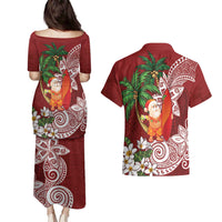 Polynesian Couples Matching Puletasi and Hawaiian Shirt Tropical Santa - Plumeria Red Vintage LT7 - Polynesian Pride