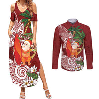Polynesian Couples Matching Summer Maxi Dress and Long Sleeve Button Shirt Tropical Santa - Plumeria Red Vintage LT7 Red - Polynesian Pride