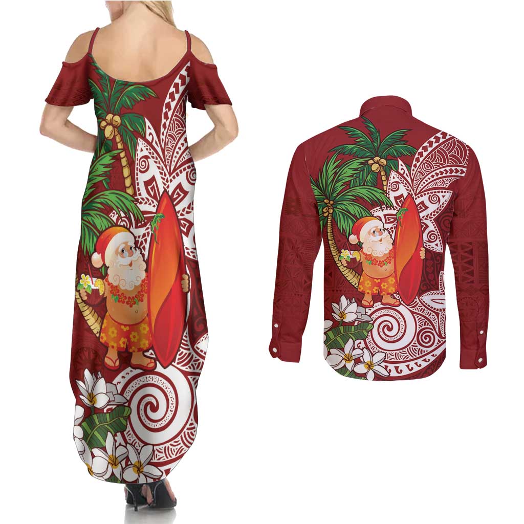 Polynesian Couples Matching Summer Maxi Dress and Long Sleeve Button Shirt Tropical Santa - Plumeria Red Vintage LT7 - Polynesian Pride