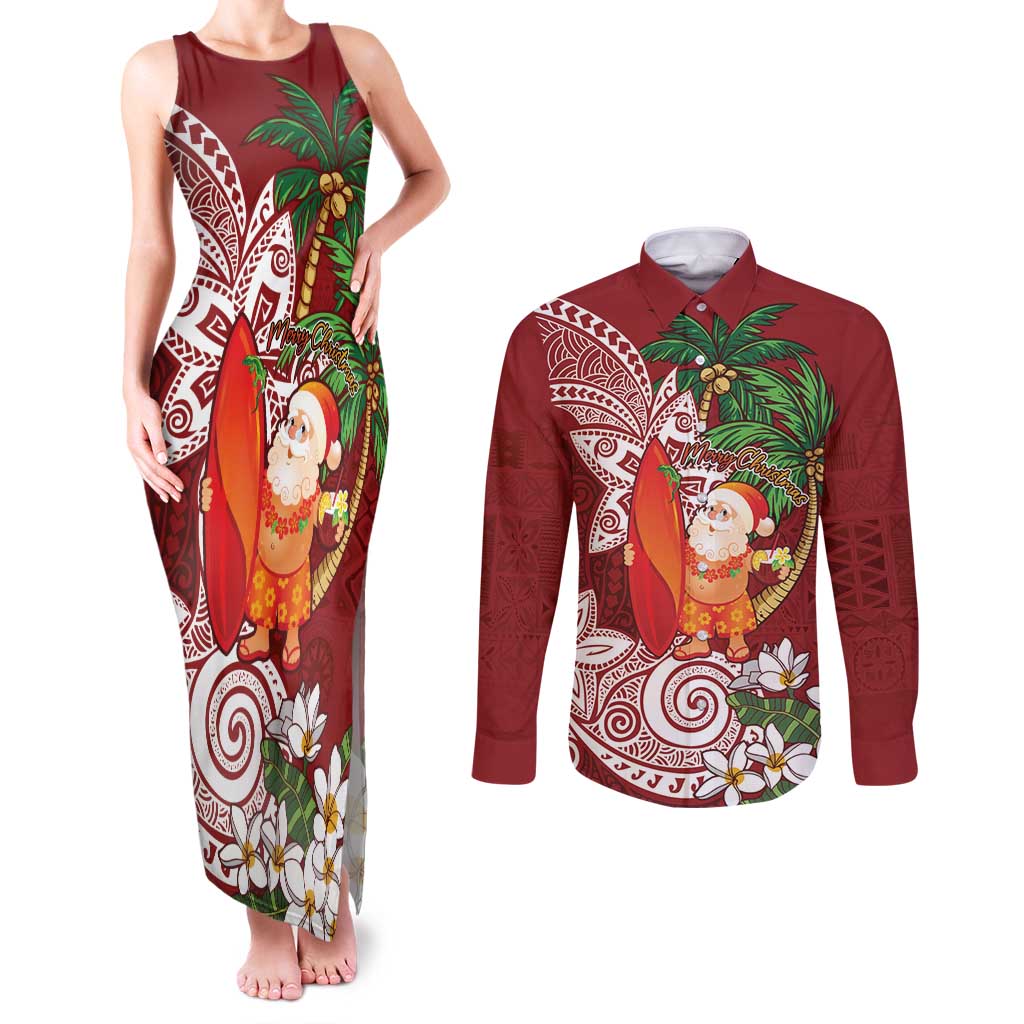 Polynesian Couples Matching Tank Maxi Dress and Long Sleeve Button Shirt Tropical Santa - Plumeria Red Vintage LT7 Red - Polynesian Pride