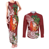Polynesian Couples Matching Tank Maxi Dress and Long Sleeve Button Shirt Tropical Santa - Plumeria Red Vintage LT7 Red - Polynesian Pride