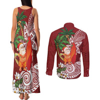Polynesian Couples Matching Tank Maxi Dress and Long Sleeve Button Shirt Tropical Santa - Plumeria Red Vintage LT7 - Polynesian Pride