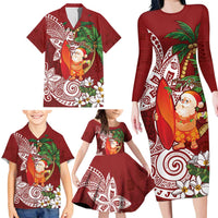 Polynesian Family Matching Long Sleeve Bodycon Dress and Hawaiian Shirt Tropical Santa - Plumeria Red Vintage LT7 - Polynesian Pride