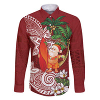 Polynesian Family Matching Long Sleeve Bodycon Dress and Hawaiian Shirt Tropical Santa - Plumeria Red Vintage LT7 Dad's Shirt - Long Sleeve Red - Polynesian Pride