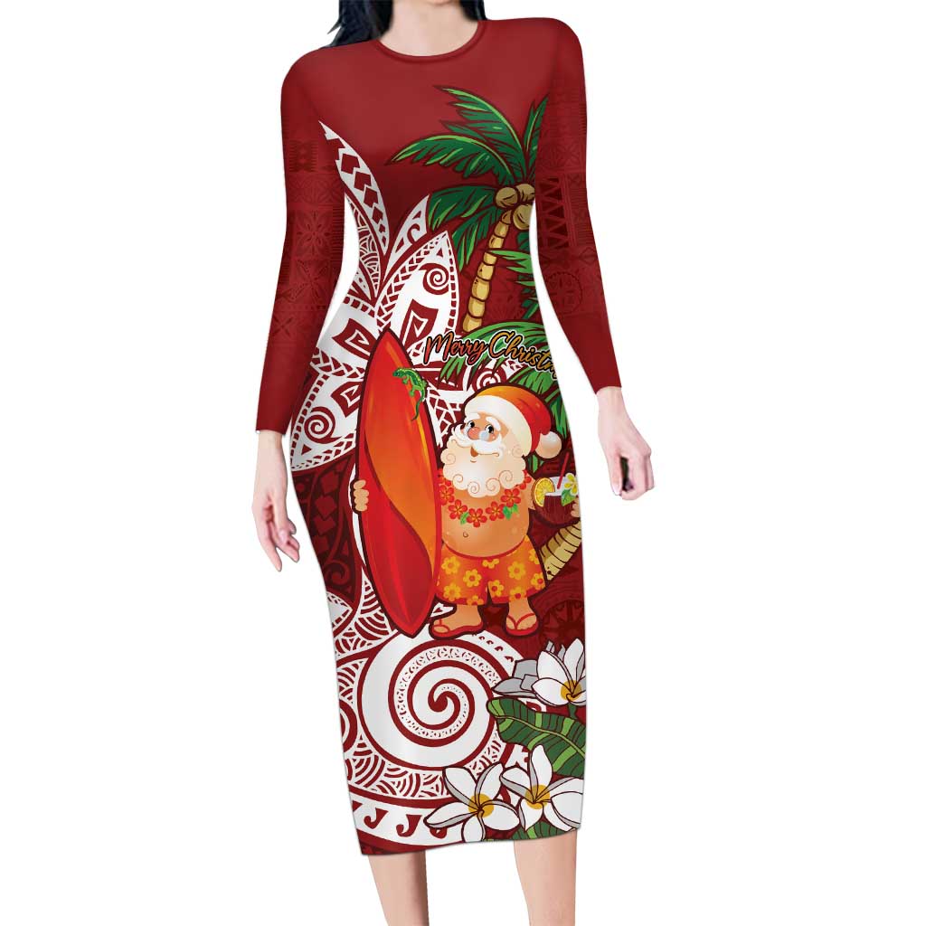 Polynesian Family Matching Long Sleeve Bodycon Dress and Hawaiian Shirt Tropical Santa - Plumeria Red Vintage LT7 Mom's Dress Red - Polynesian Pride