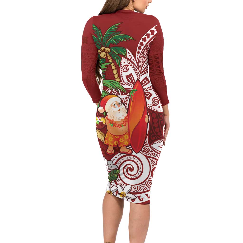 Polynesian Family Matching Long Sleeve Bodycon Dress and Hawaiian Shirt Tropical Santa - Plumeria Red Vintage LT7 - Polynesian Pride