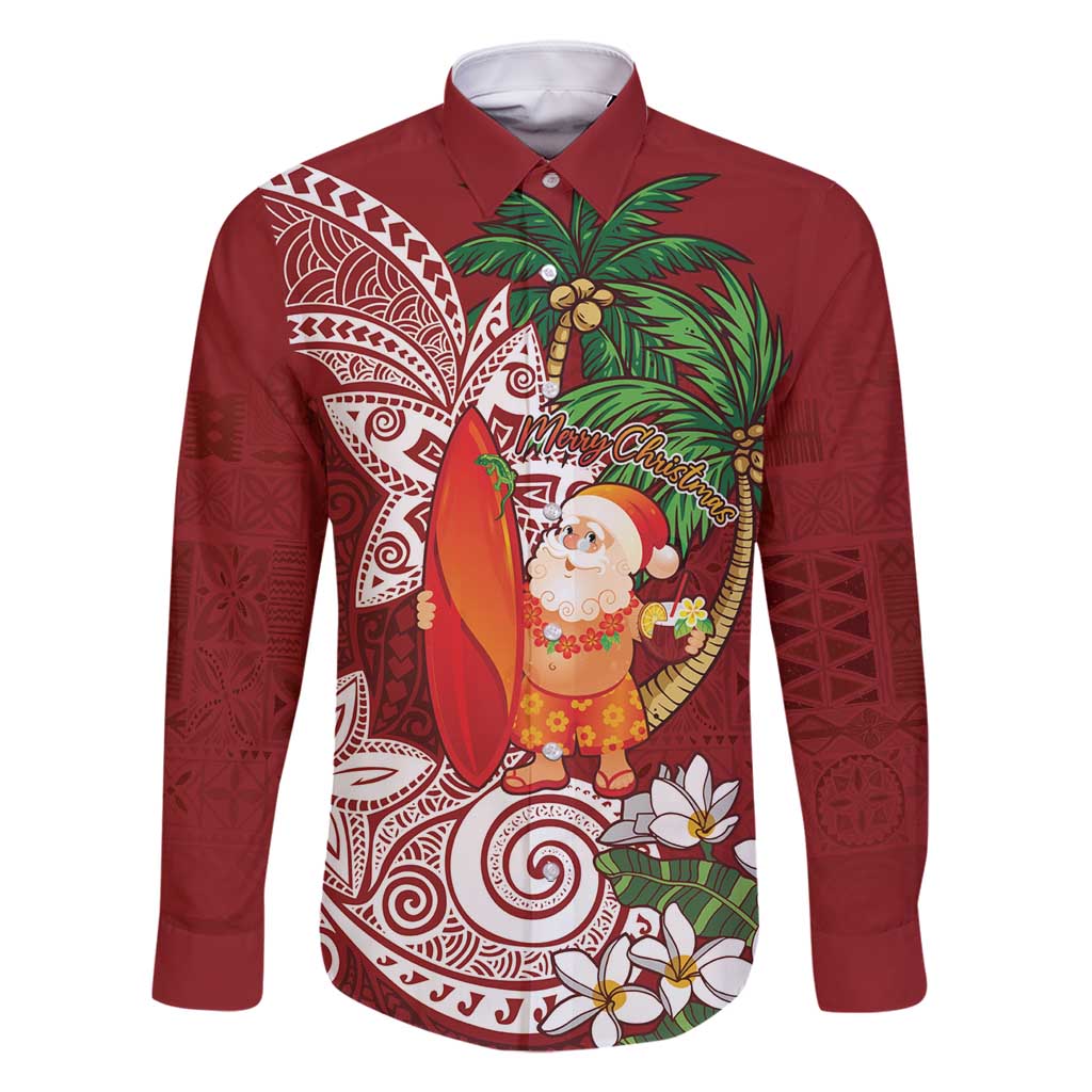 Polynesian Family Matching Mermaid Dress and Hawaiian Shirt Tropical Santa - Plumeria Red Vintage LT7 Dad's Shirt - Long Sleeve Red - Polynesian Pride