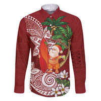 Polynesian Family Matching Puletasi and Hawaiian Shirt Tropical Santa - Plumeria Red Vintage LT7 Dad's Shirt - Long Sleeve Red - Polynesian Pride