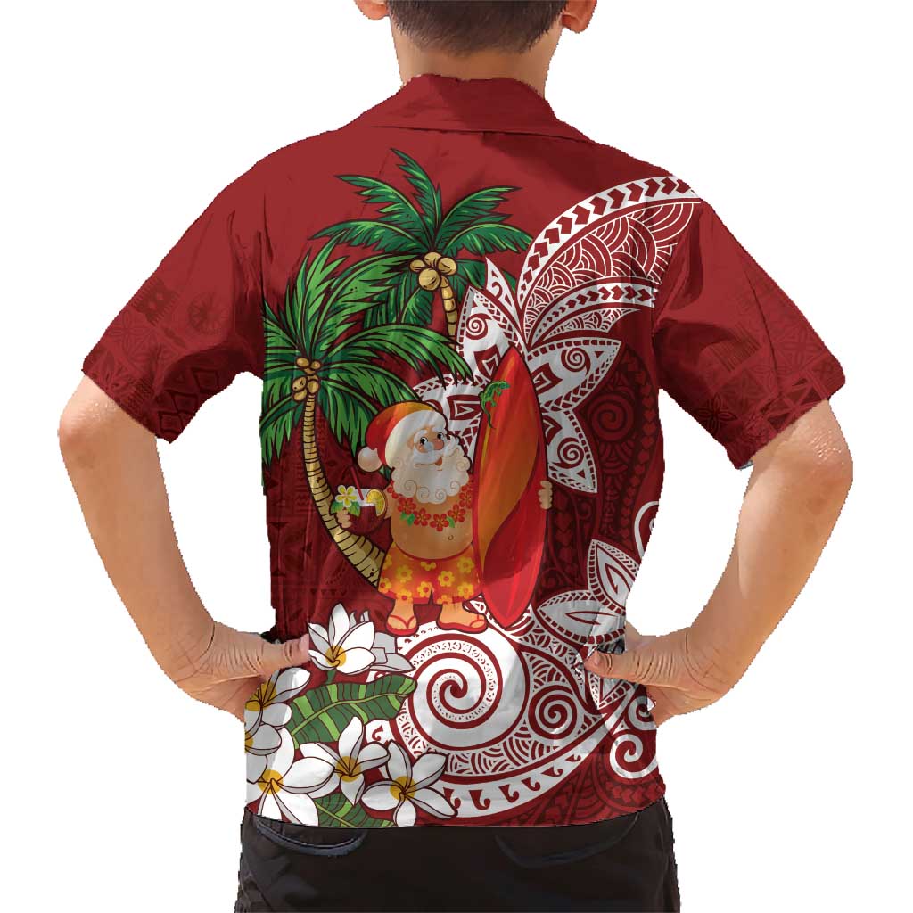 Polynesian Family Matching Short Sleeve Bodycon Dress and Hawaiian Shirt Tropical Santa - Plumeria Red Vintage LT7 - Polynesian Pride