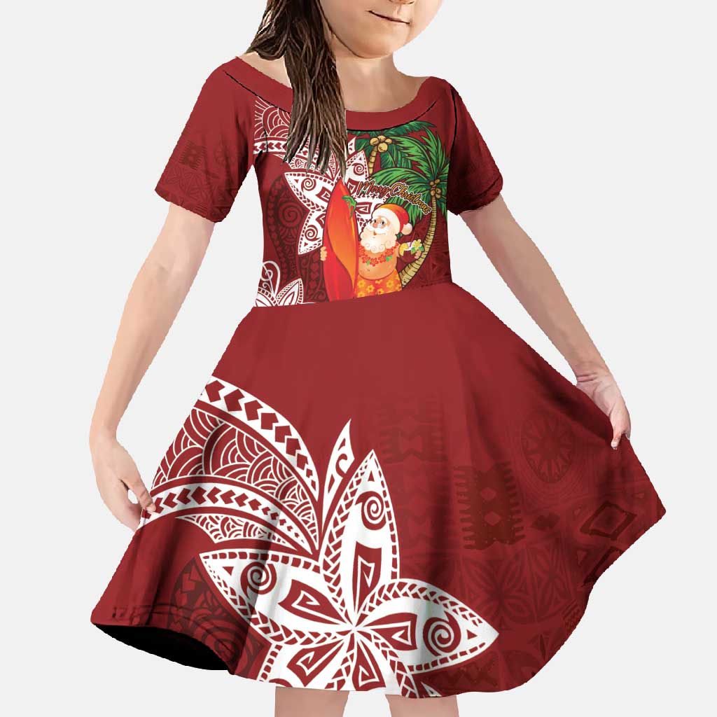 Polynesian Family Matching Short Sleeve Bodycon Dress and Hawaiian Shirt Tropical Santa - Plumeria Red Vintage LT7 Daughter's Dress Red - Polynesian Pride
