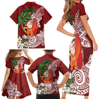 Polynesian Family Matching Short Sleeve Bodycon Dress and Hawaiian Shirt Tropical Santa - Plumeria Red Vintage LT7 - Polynesian Pride