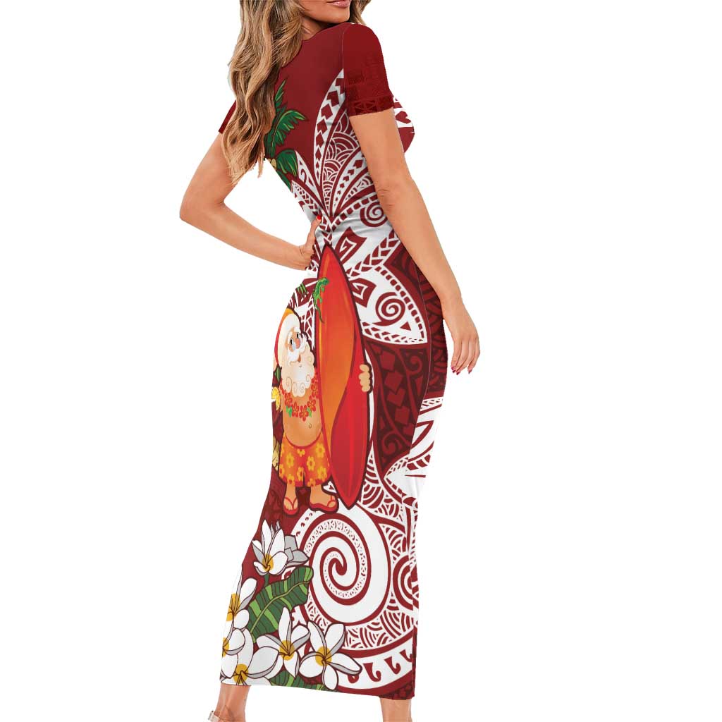 Polynesian Family Matching Short Sleeve Bodycon Dress and Hawaiian Shirt Tropical Santa - Plumeria Red Vintage LT7 - Polynesian Pride