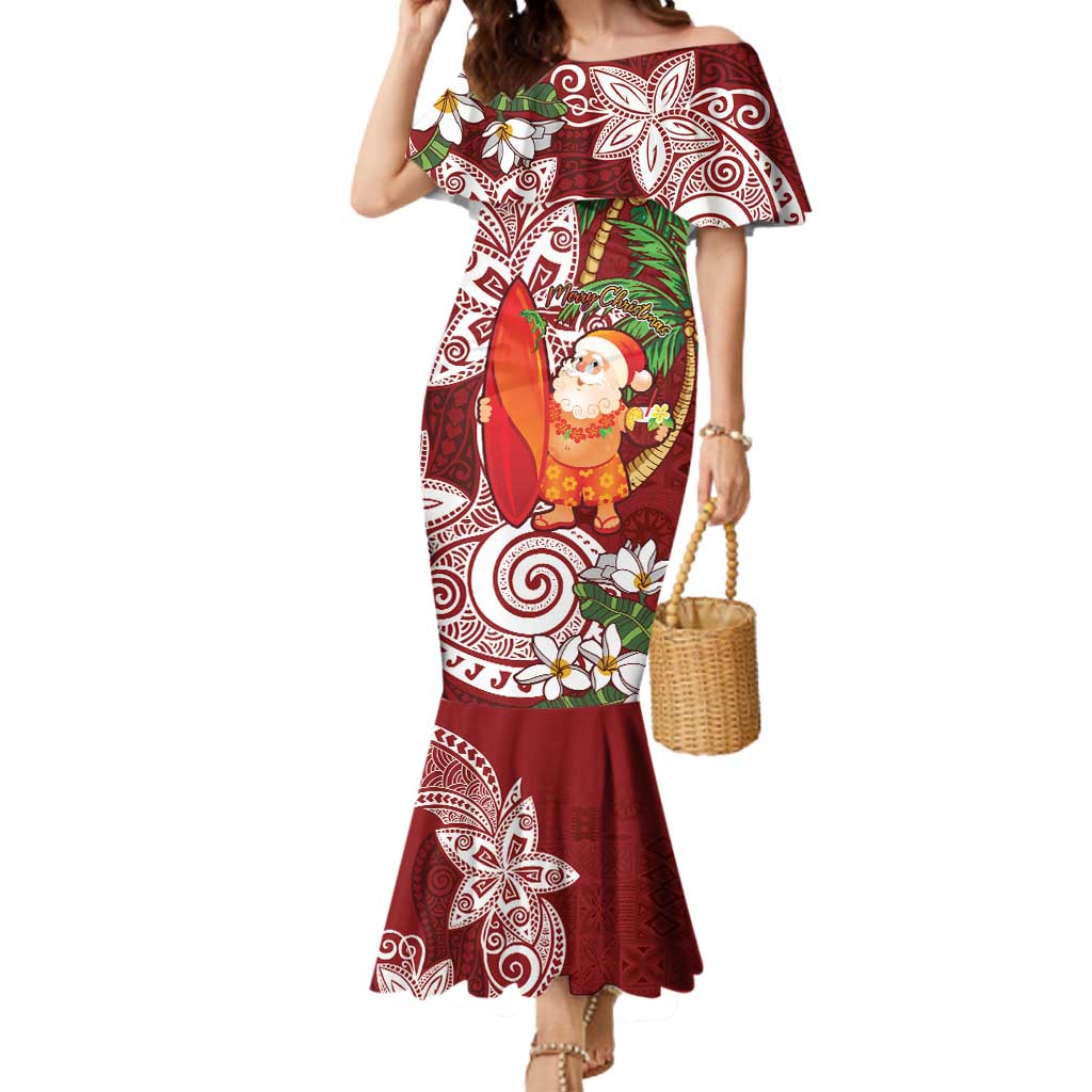 Polynesian Mermaid Dress Tropical Santa - Plumeria Red Vintage