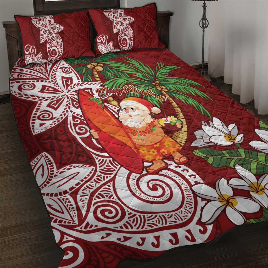 Polynesian Quilt Bed Set Tropical Santa - Plumeria Red Vintage