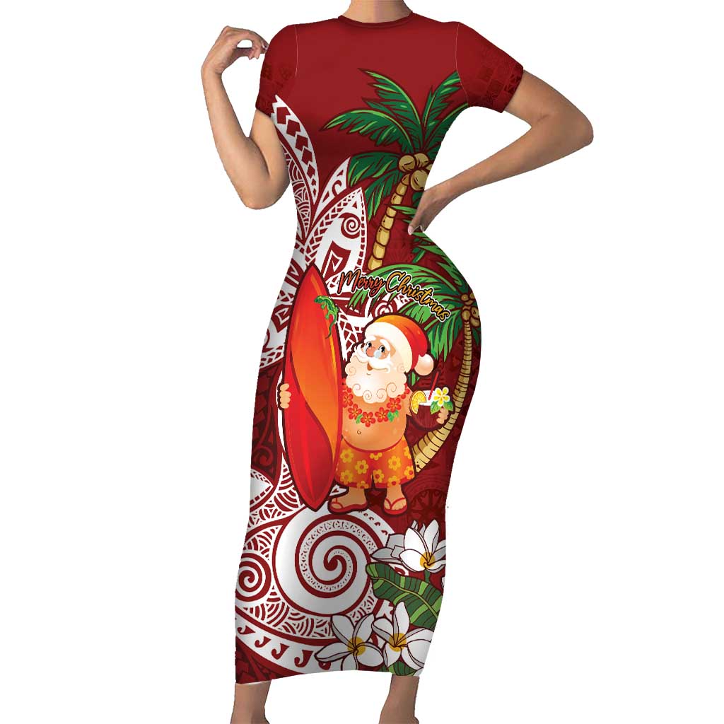 Polynesian Short Sleeve Bodycon Dress Tropical Santa - Plumeria Red Vintage