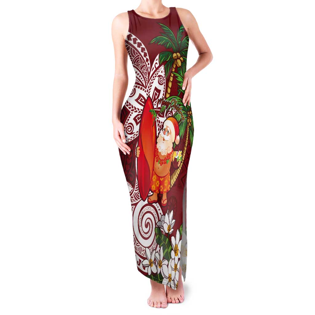 Polynesian Tank Maxi Dress Tropical Santa - Plumeria Red Vintage