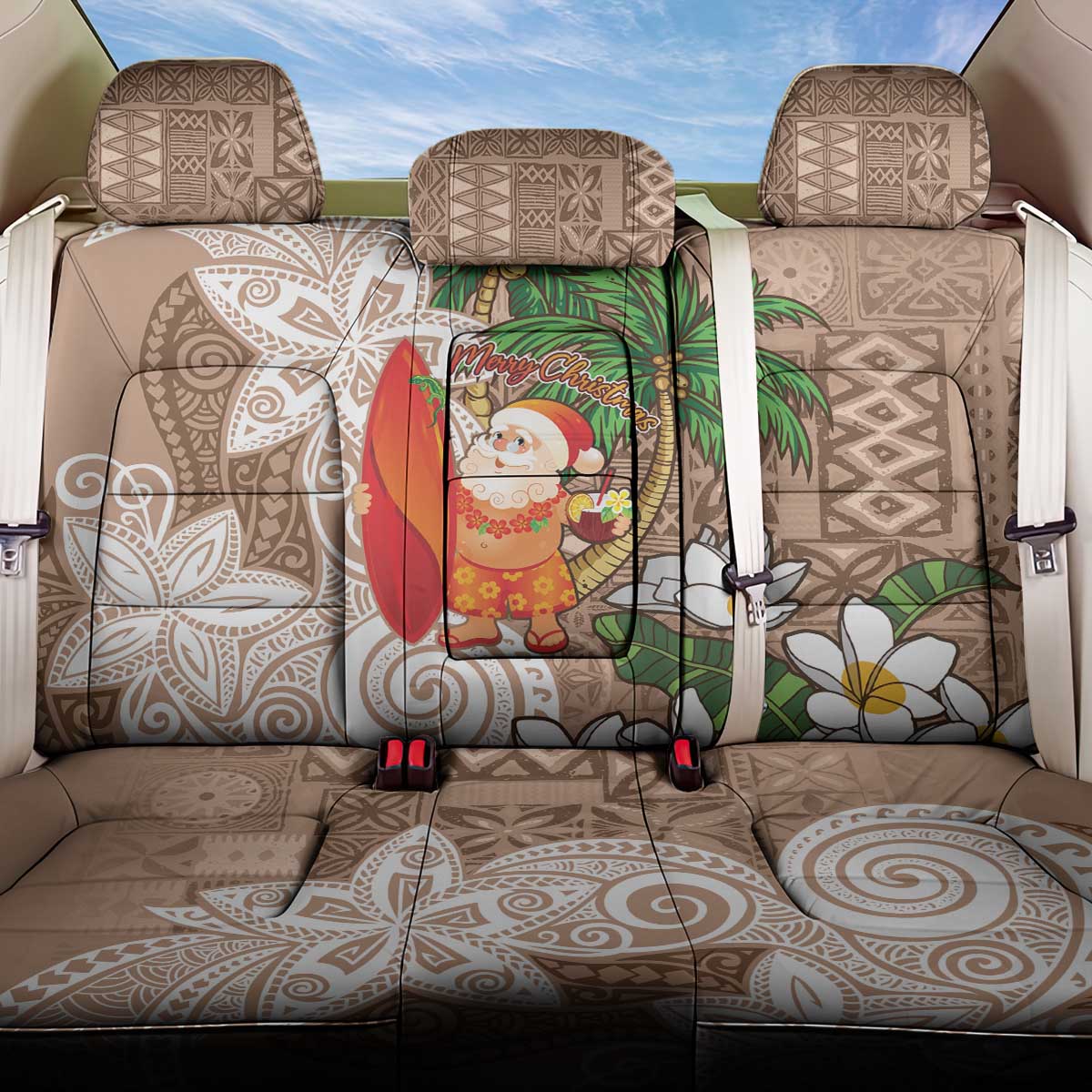 Polynesian Back Car Seat Cover Tropical Santa - Plumeria Beige Vintage