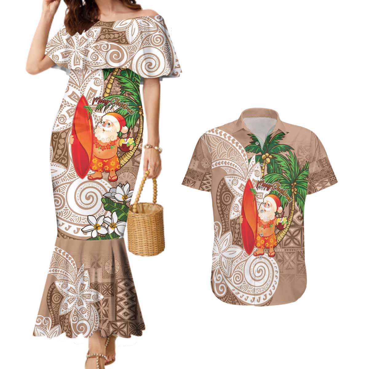 Polynesian Couples Matching Mermaid Dress and Hawaiian Shirt Tropical Santa - Plumeria Beige Vintage LT7 Beige - Polynesian Pride