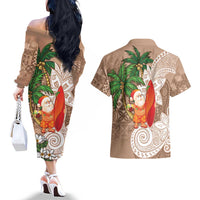 Polynesian Couples Matching Off The Shoulder Long Sleeve Dress and Hawaiian Shirt Tropical Santa - Plumeria Beige Vintage LT7 - Polynesian Pride