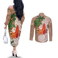 Polynesian Couples Matching Off The Shoulder Long Sleeve Dress and Long Sleeve Button Shirt Tropical Santa - Plumeria Beige Vintage LT7 - Polynesian Pride