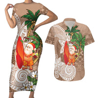 Polynesian Couples Matching Short Sleeve Bodycon Dress and Hawaiian Shirt Tropical Santa - Plumeria Beige Vintage