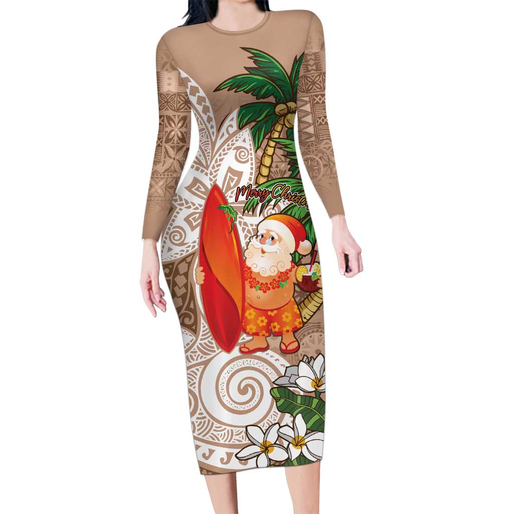 Polynesian Family Matching Long Sleeve Bodycon Dress and Hawaiian Shirt Tropical Santa - Plumeria Beige Vintage LT7 Mom's Dress Beige - Polynesian Pride