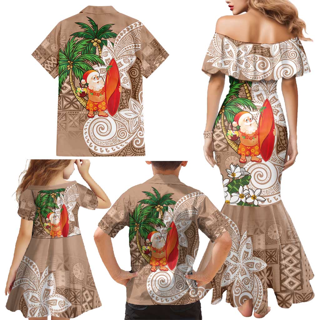 Polynesian Family Matching Mermaid Dress and Hawaiian Shirt Tropical Santa - Plumeria Beige Vintage LT7 - Polynesian Pride