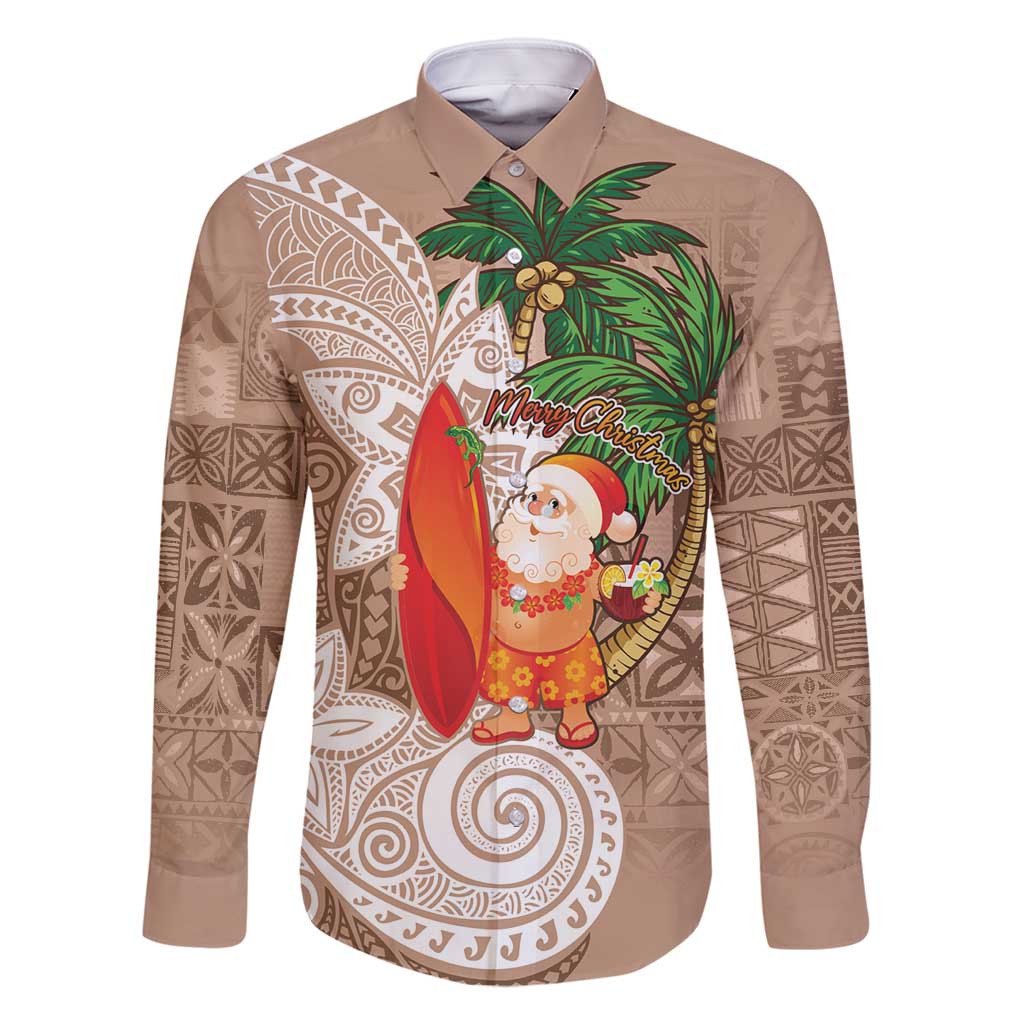 Polynesian Family Matching Mermaid Dress and Hawaiian Shirt Tropical Santa - Plumeria Beige Vintage LT7 Dad's Shirt - Long Sleeve Beige - Polynesian Pride