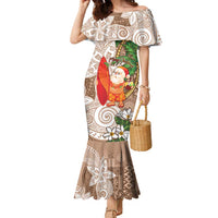 Polynesian Family Matching Mermaid Dress and Hawaiian Shirt Tropical Santa - Plumeria Beige Vintage LT7 Mom's Dress Beige - Polynesian Pride