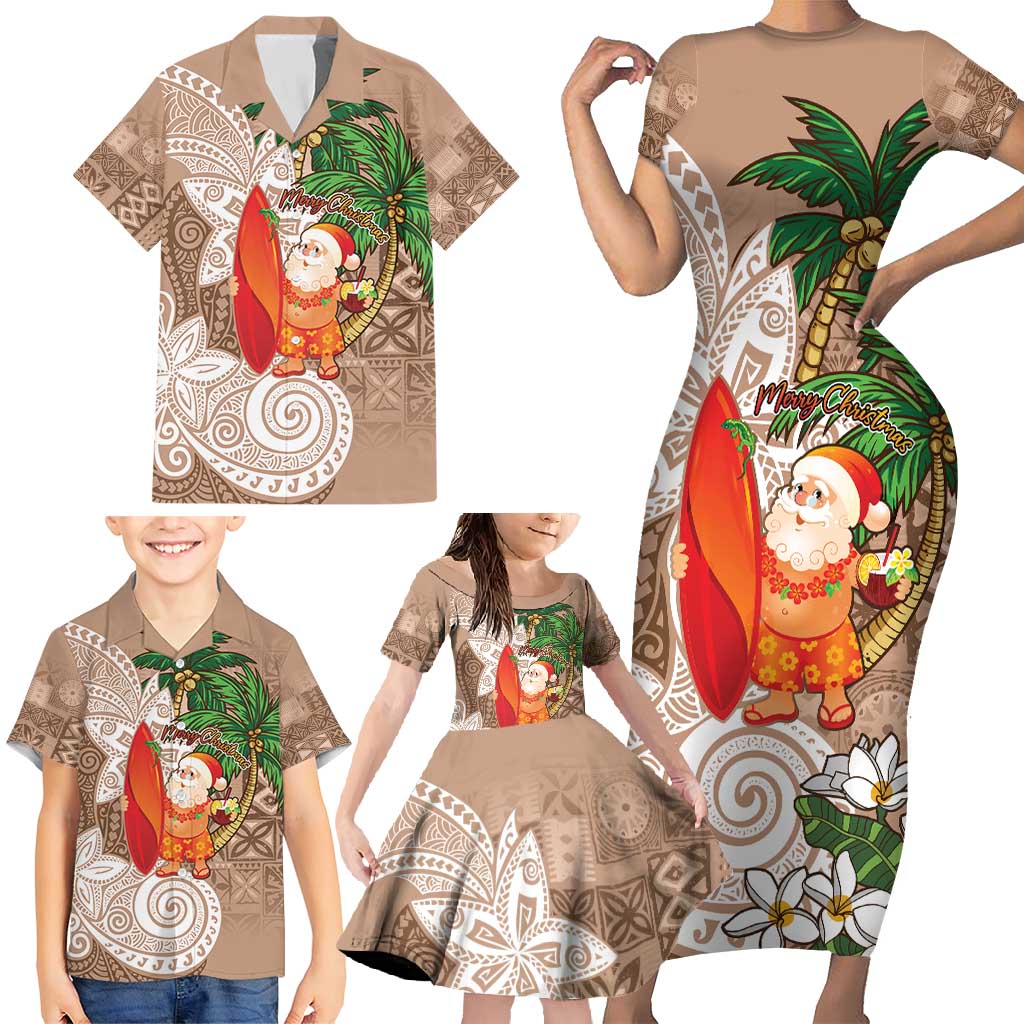 Polynesian Family Matching Short Sleeve Bodycon Dress and Hawaiian Shirt Tropical Santa - Plumeria Beige Vintage LT7 - Polynesian Pride