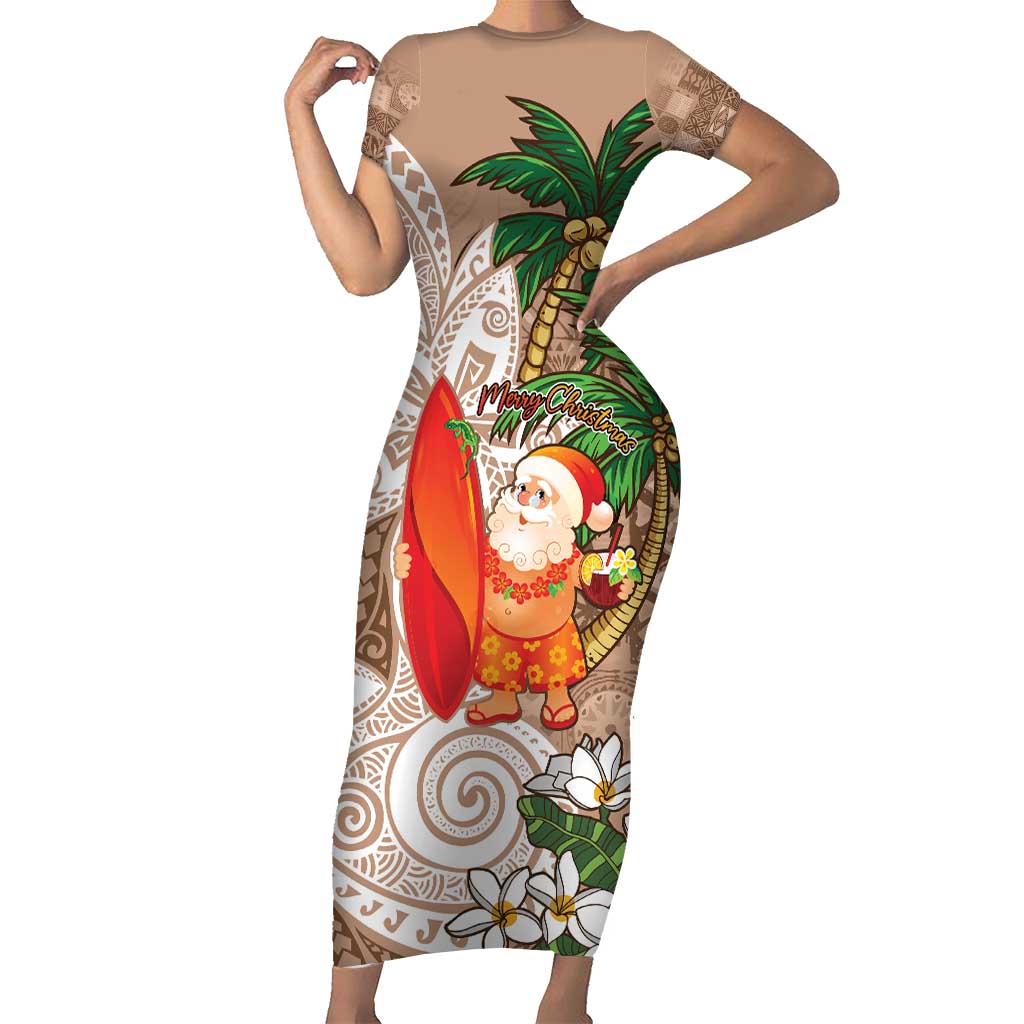 Polynesian Family Matching Short Sleeve Bodycon Dress and Hawaiian Shirt Tropical Santa - Plumeria Beige Vintage LT7 Mom's Dress Beige - Polynesian Pride